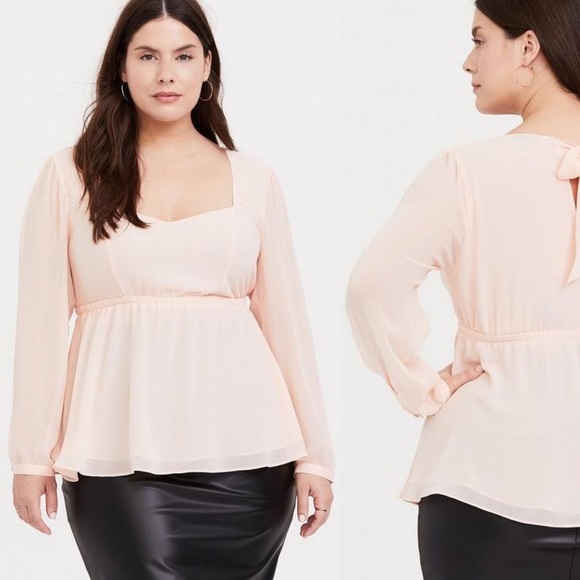 torrid Tops - TORRID Blouse 3XL Blush Pink Crinkle Chiffon Sweetheart Babydoll Tie Back Poly